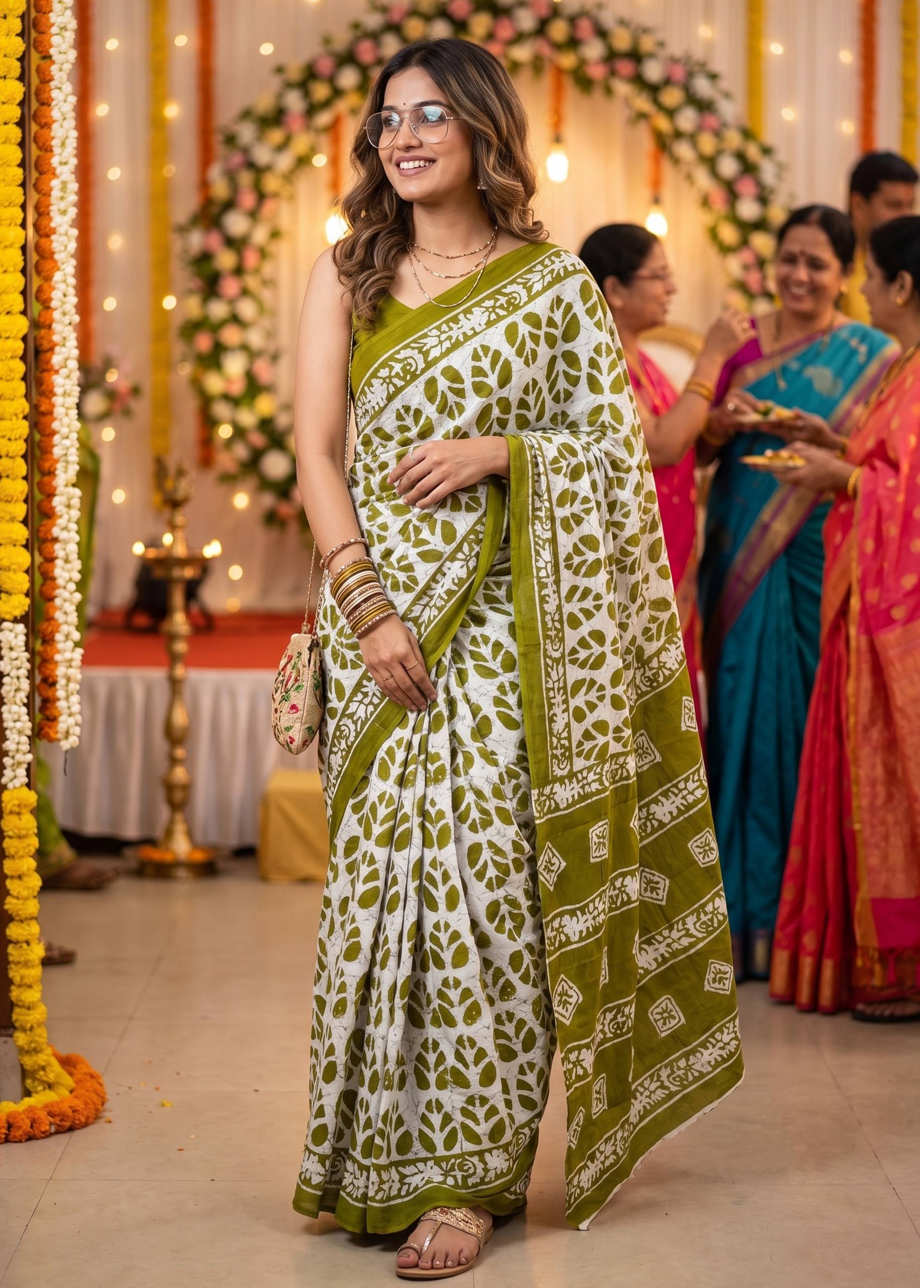 PURE SOFT MULMUL COTTON BATIK HAND BLOCK PRINT OLIVE GREEN SAREE WITH BLOUSE