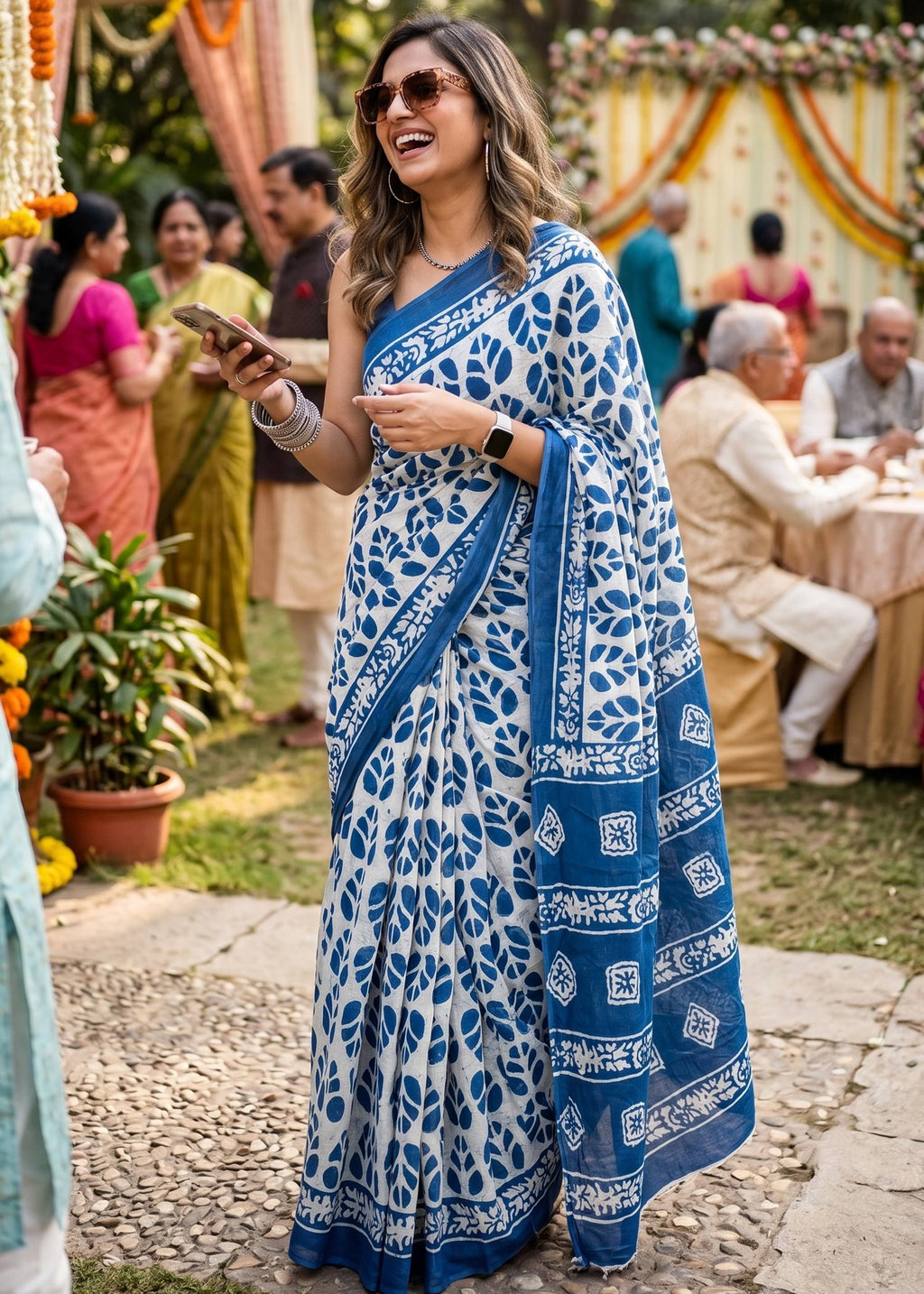 PURE SOFT MULMUL COTTON BATIK HAND BLOCK PRINT BLUE SAREE WITH BLOUSE