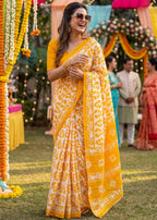 PURE SOFT MULMUL COTTON BATIK HAND BLOCK PRINT MUSTARD SAREE WITH BLOUSE