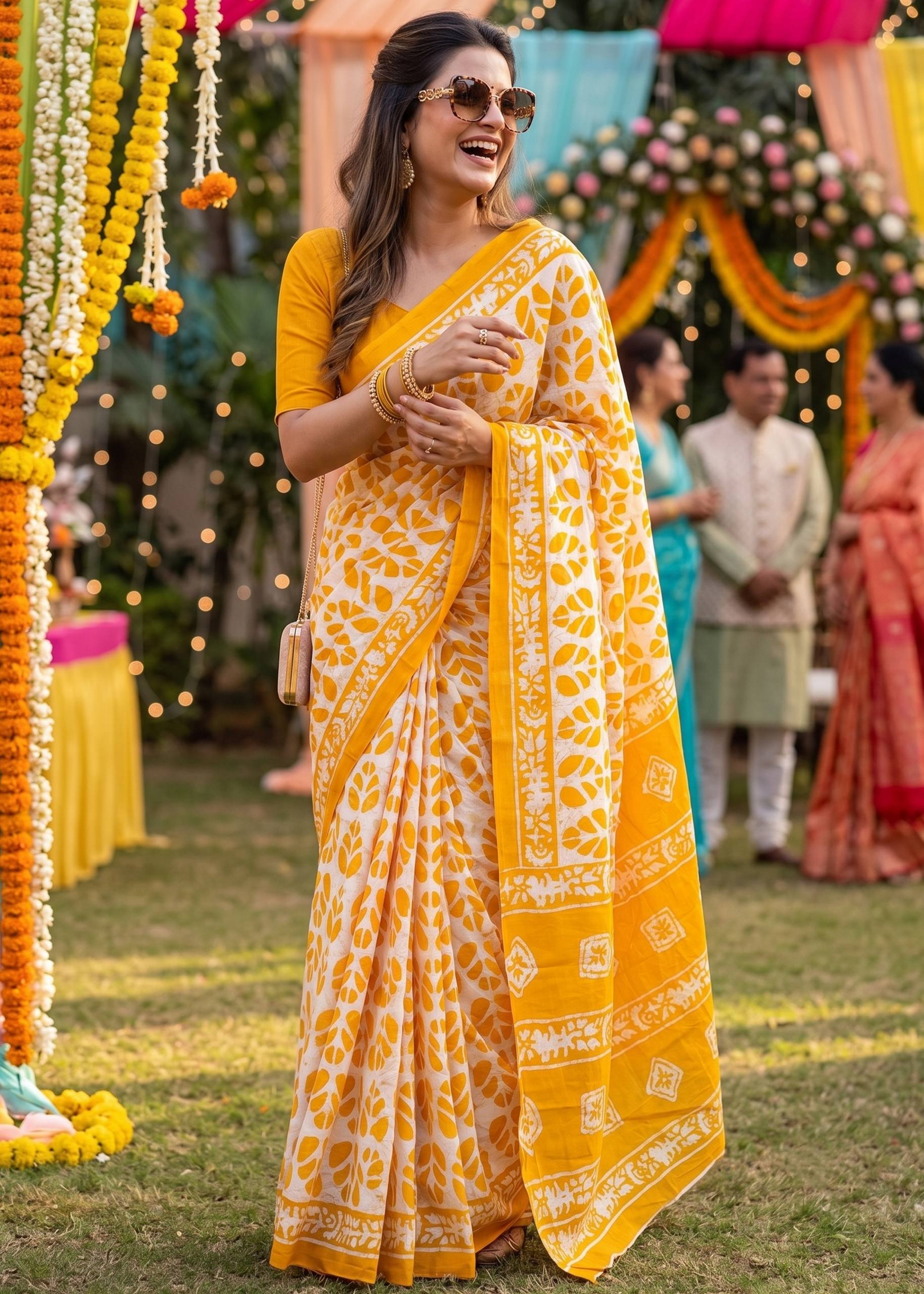 PURE SOFT MULMUL COTTON BATIK HAND BLOCK PRINT MUSTARD SAREE WITH BLOUSE