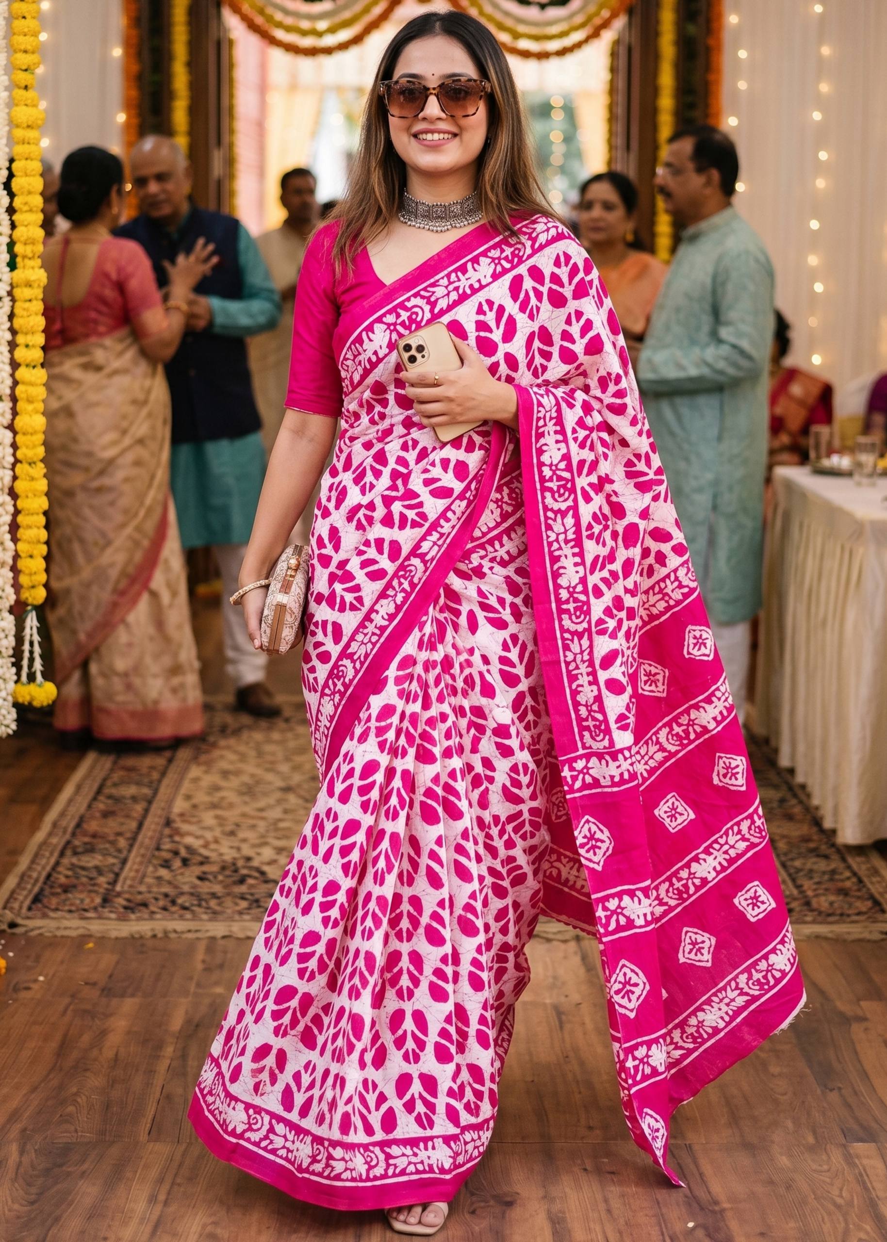 PURE SOFT MULMUL COTTON BATIK HAND BLOCK PRINT MAGENTA SAREE WITH BLOUSE