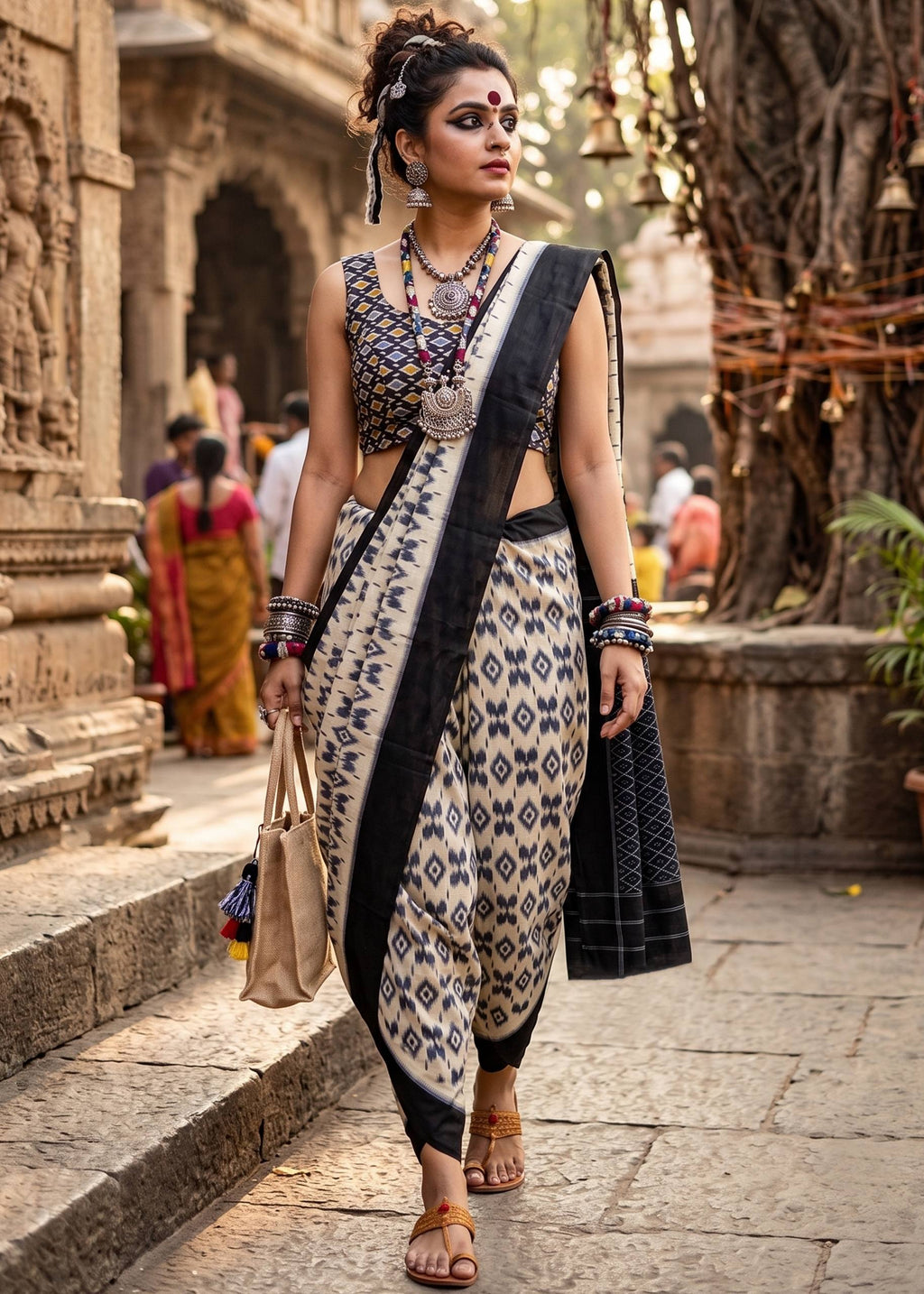 PURE SOFT MULMUL COTTON BAGRU HAND PRINT BLACK SAREE WITH BLOUSE