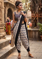 PURE SOFT MULMUL COTTON BAGRU HAND PRINT BLACK SAREE WITH BLOUSE