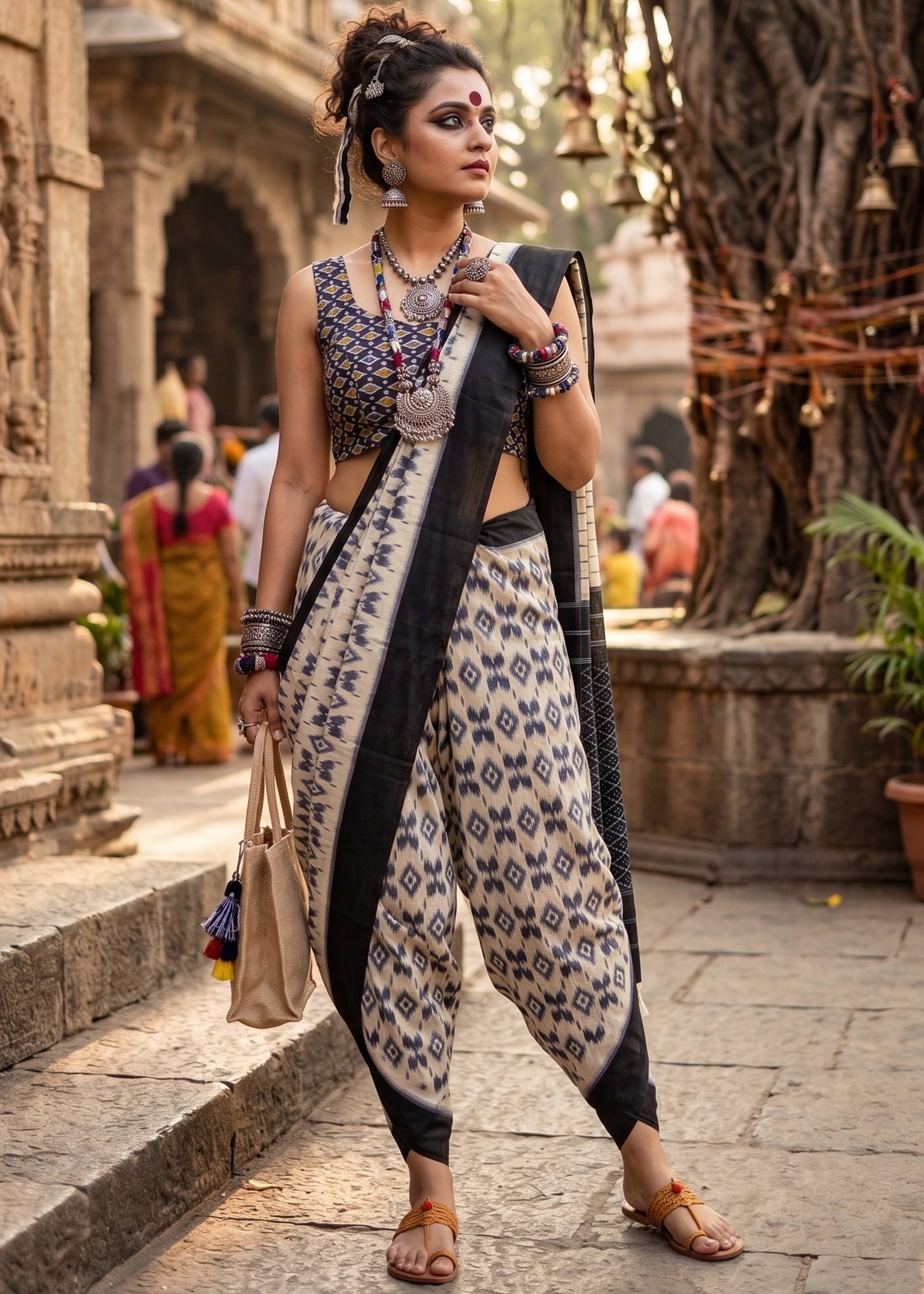 PURE SOFT MULMUL COTTON BAGRU HAND PRINT BLACK SAREE WITH BLOUSE
