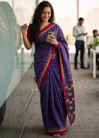 PURE SOFT MULMUL COTTON BAGRU HAND PRINT VIOLET SAREE WITH BLOUSE