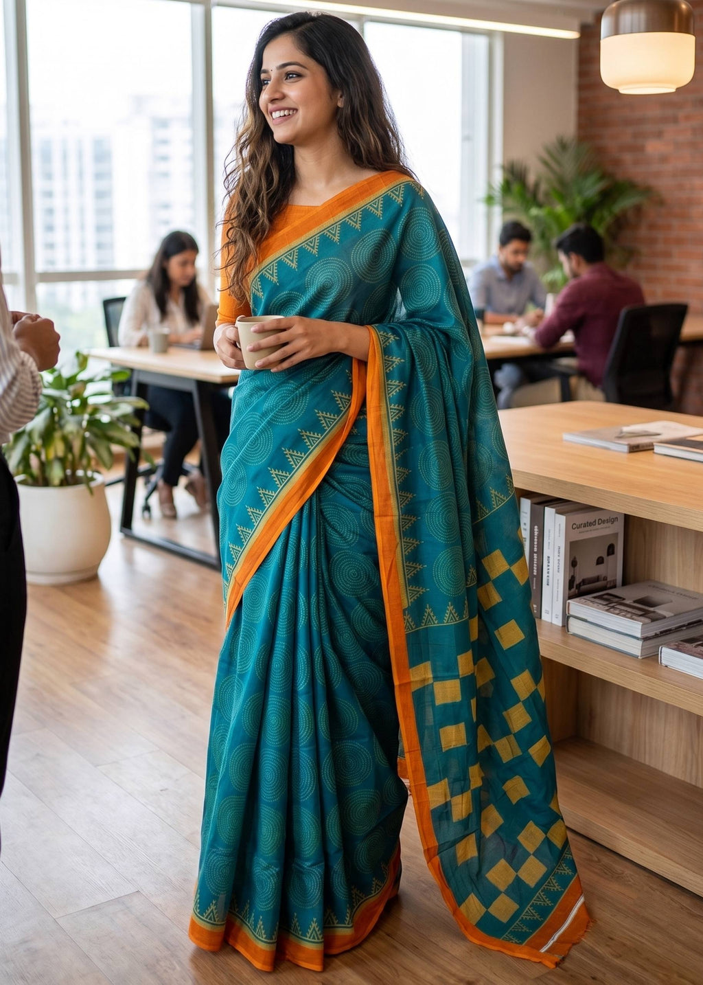 PURE SOFT MULMUL COTTON BAGRU HAND PRINT TEAL SAREE WITH BLOUSE