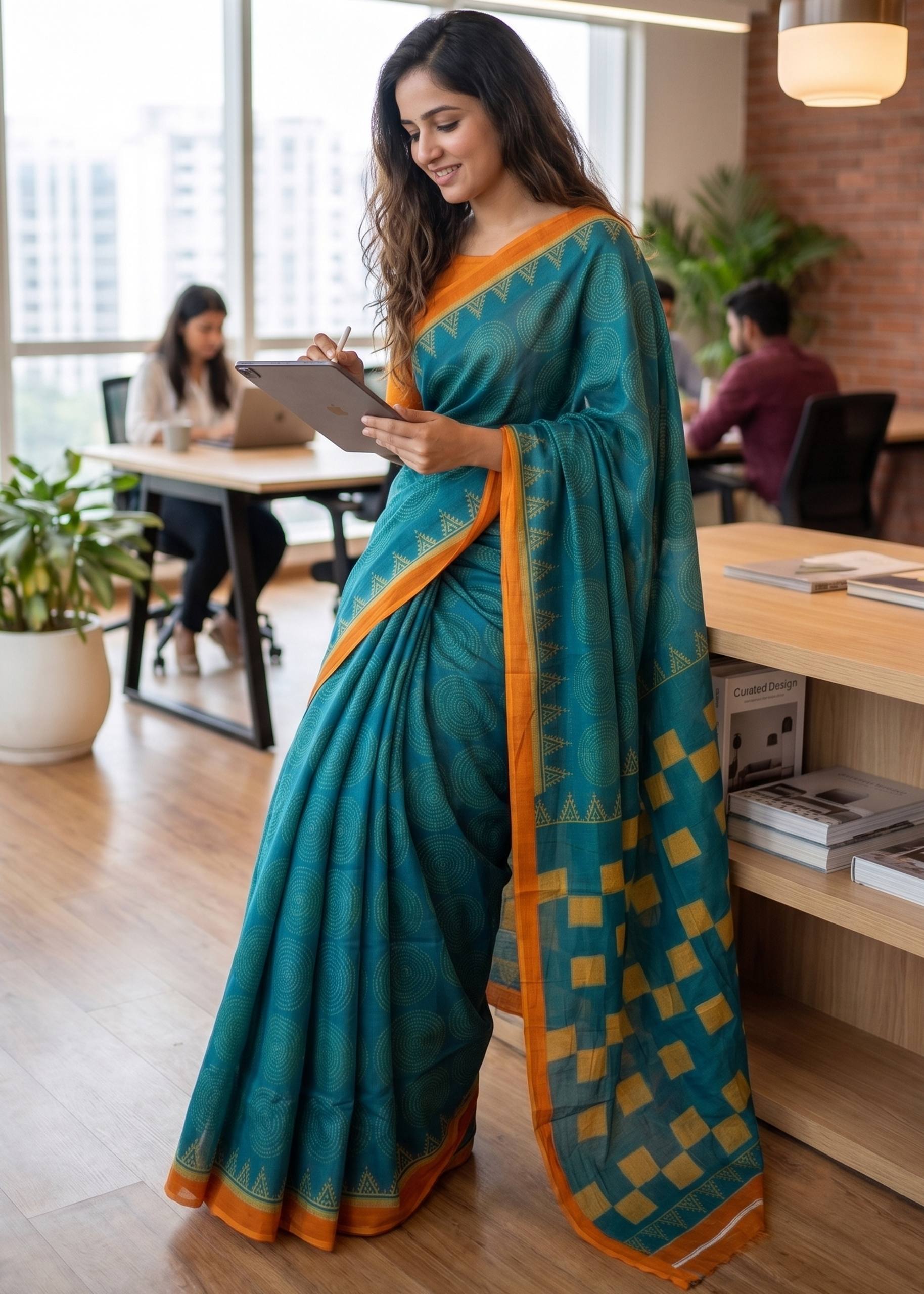 PURE SOFT MULMUL COTTON BAGRU HAND PRINT TEAL SAREE WITH BLOUSE