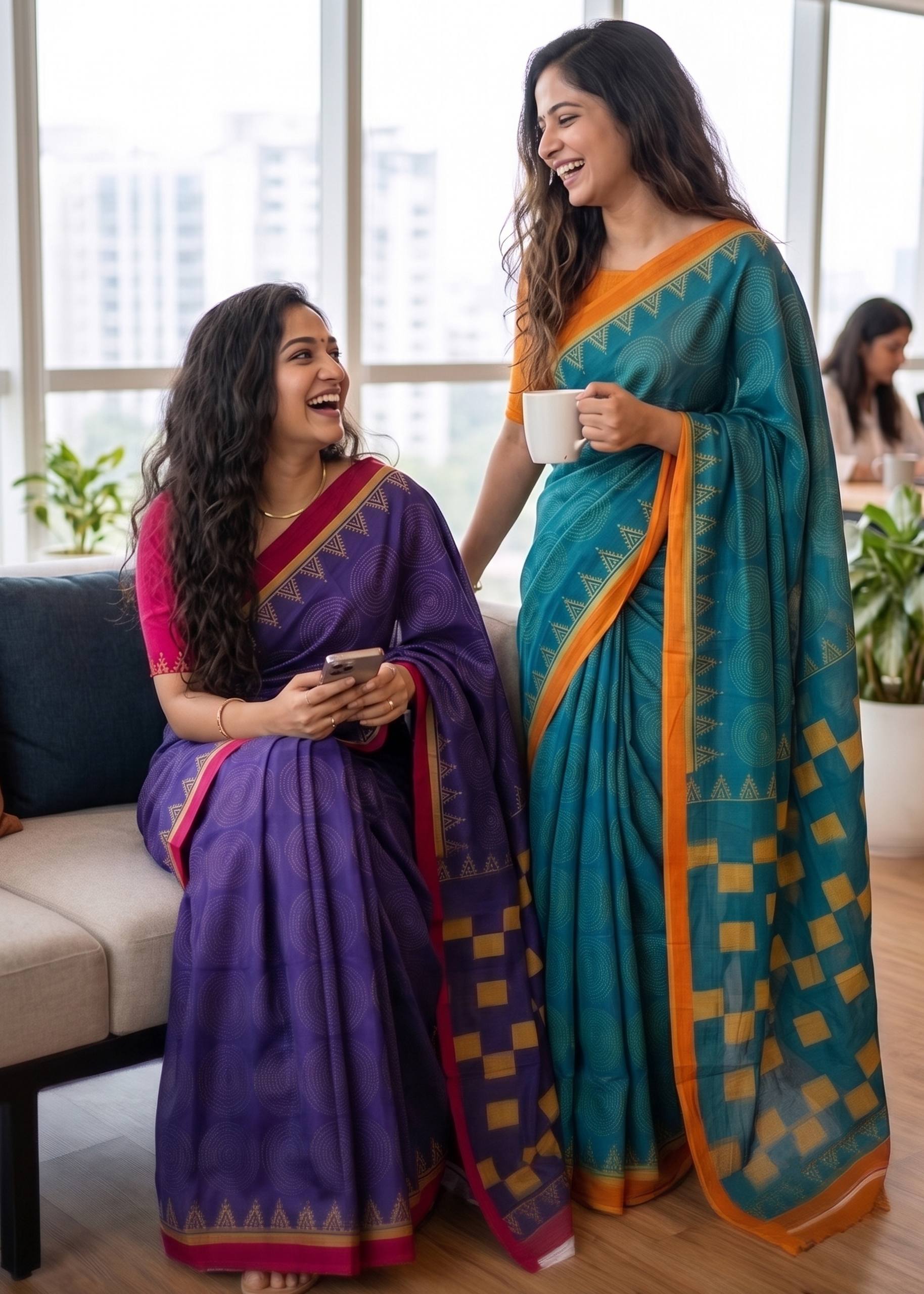 PURE SOFT MULMUL COTTON BAGRU HAND PRINT VIOLET SAREE WITH BLOUSE