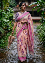 PURE SOFT MULMUL COTTON SANGANERI  HAND BLOCK PRINT PEACH SAREE WITH BLOUSE