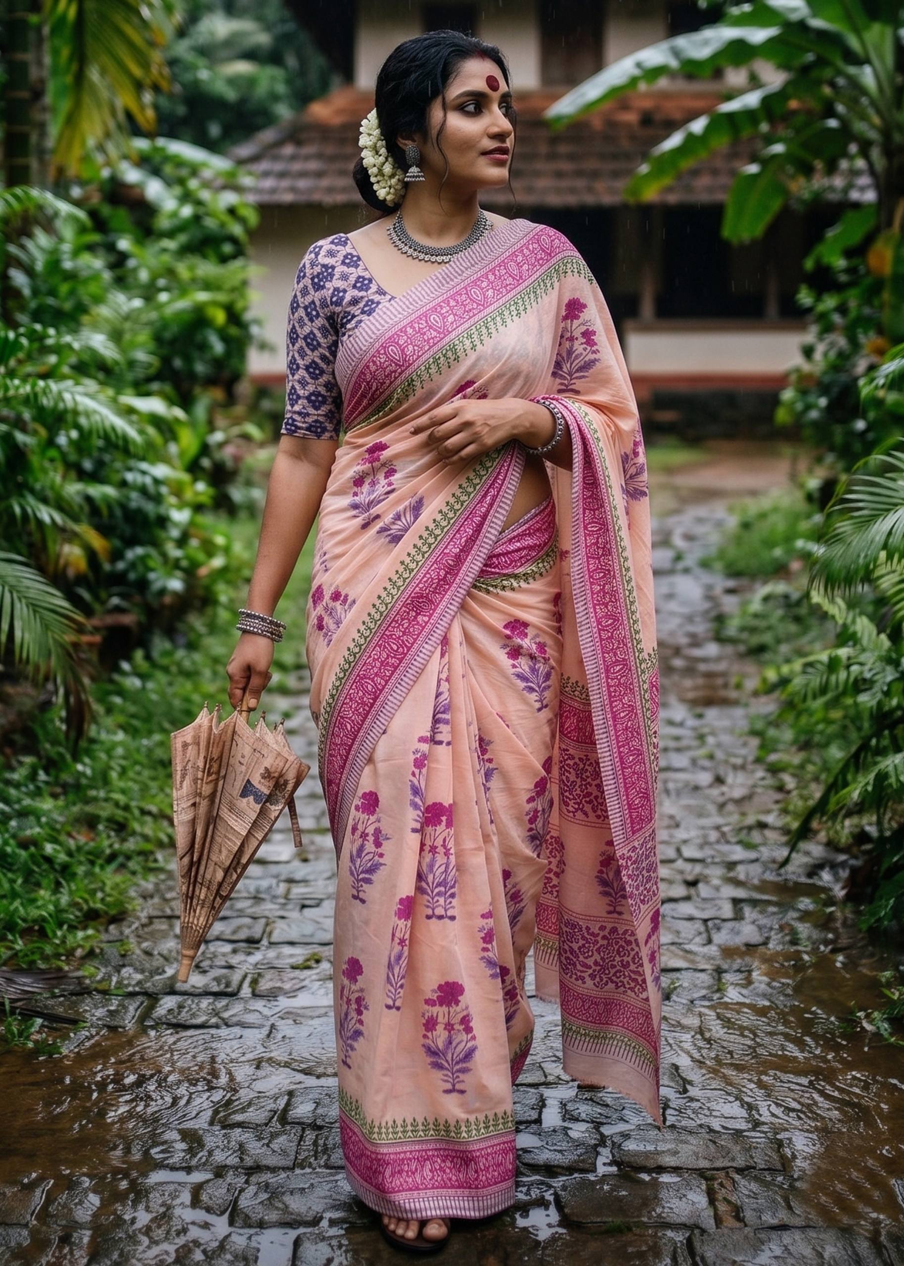 PURE SOFT MULMUL COTTON SANGANERI  HAND BLOCK PRINT PEACH SAREE WITH BLOUSE
