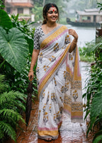 PURE SOFT MULMUL COTTON SANGANERI  HAND BLOCK PRINT WHITE SAREE WITH BLOUSE
