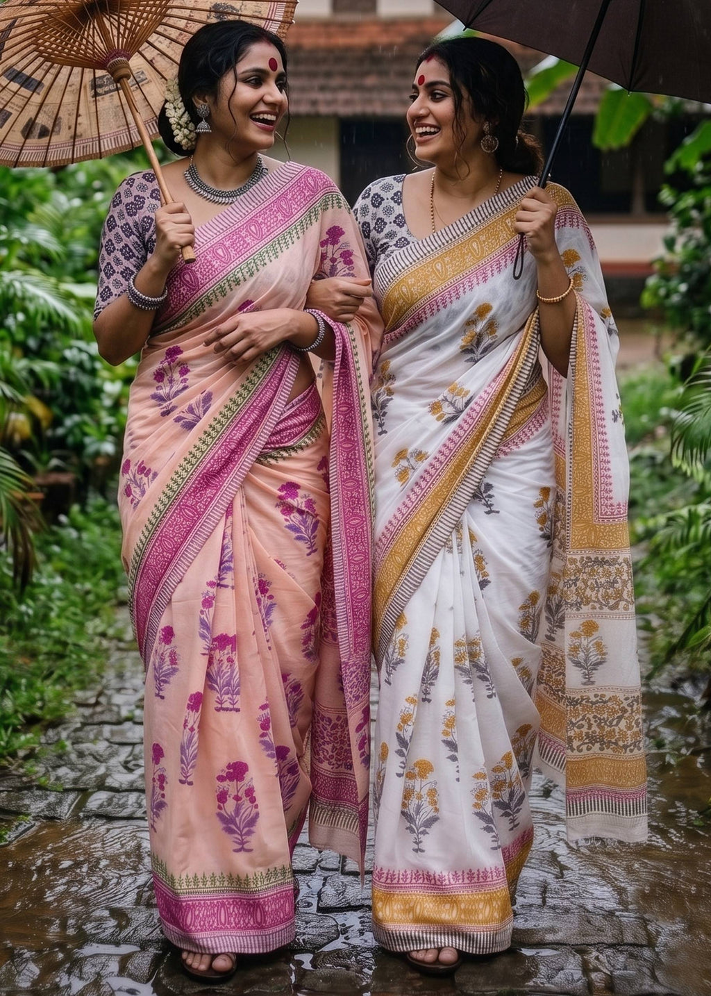 PURE SOFT MULMUL COTTON SANGANERI  HAND BLOCK PRINT PEACH SAREE WITH BLOUSE