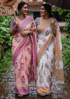PURE SOFT MULMUL COTTON SANGANERI  HAND BLOCK PRINT PEACH SAREE WITH BLOUSE