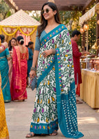 PURE SOFT MULMUL COTTON HAND BLOCK IKKAT PRINT BLUE SAREE WITH BLOUSE