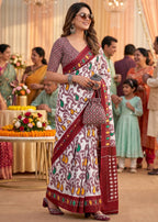 PURE SOFT MULMUL COTTON HAND BLOCK IKKAT PRINT MAROON SAREE WITH BLOUSE