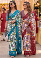 PURE SOFT MULMUL COTTON HAND BLOCK IKKAT PRINT BLUE SAREE WITH BLOUSE