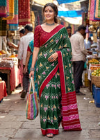 PURE SOFT MULMUL COTTON HAND BLOCK IKKAT PRINT GREEN SAREE WITH BLOUSE