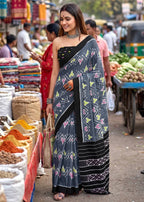 PURE SOFT MULMUL COTTON HAND BLOCK IKKAT PRINT GREY SAREE WITH BLOUSE