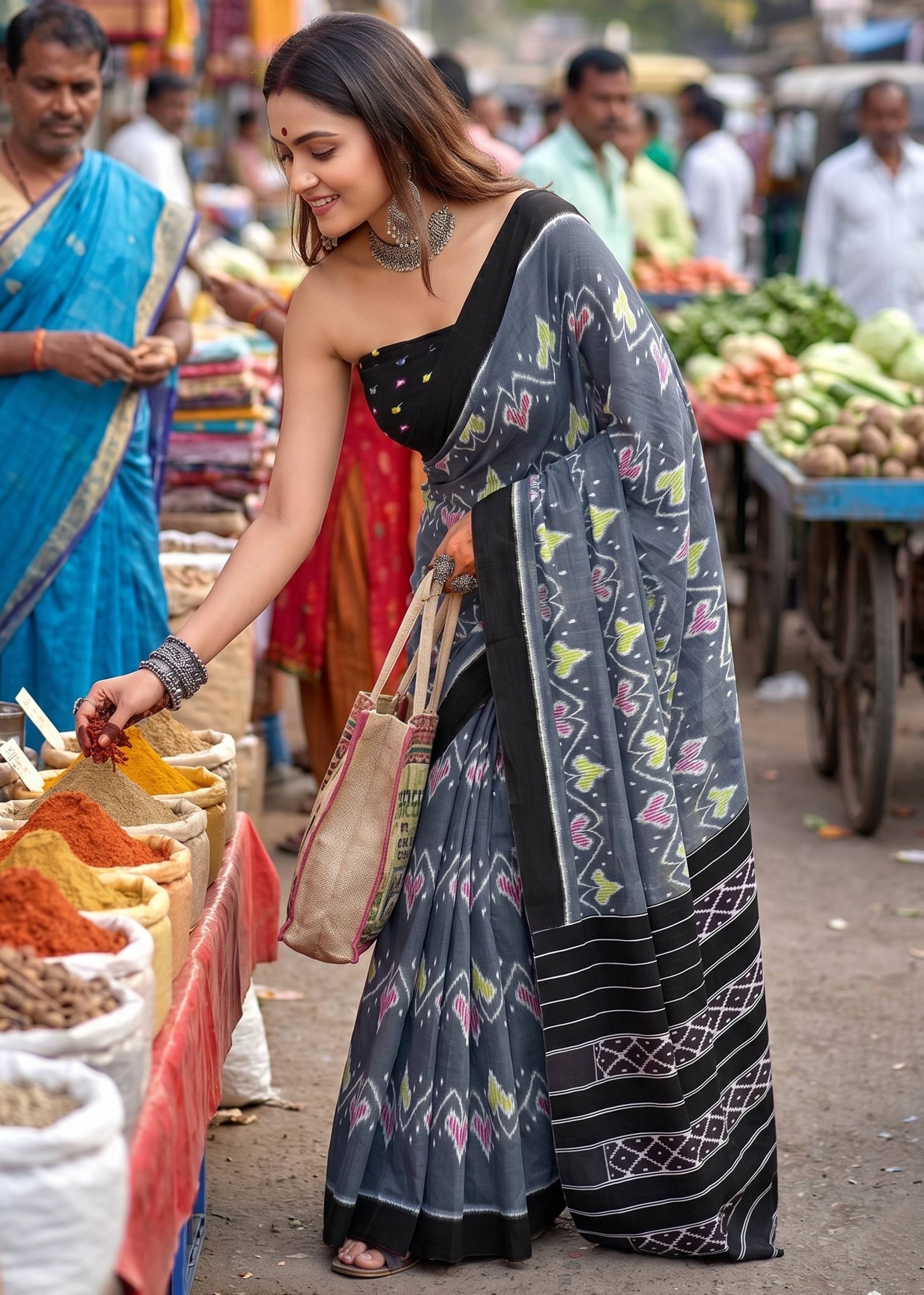 PURE SOFT MULMUL COTTON HAND BLOCK IKKAT PRINT GREY SAREE WITH BLOUSE