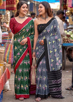 PURE SOFT MULMUL COTTON HAND BLOCK IKKAT PRINT GREY SAREE WITH BLOUSE
