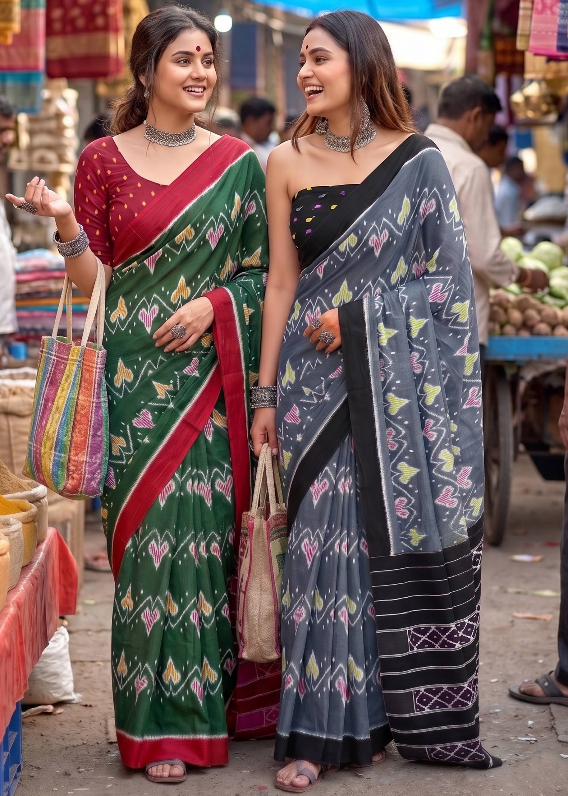 PURE SOFT MULMUL COTTON HAND BLOCK IKKAT PRINT GREY SAREE WITH BLOUSE