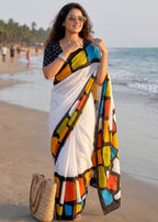 PURE SOFT MULMUL COTTON HAND BLOCK IKKAT PRINT WHITE AND BLACK SAREE WITH BLOUSE
