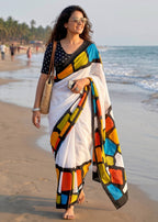 PURE SOFT MULMUL COTTON HAND BLOCK IKKAT PRINT WHITE AND BLACK SAREE WITH BLOUSE