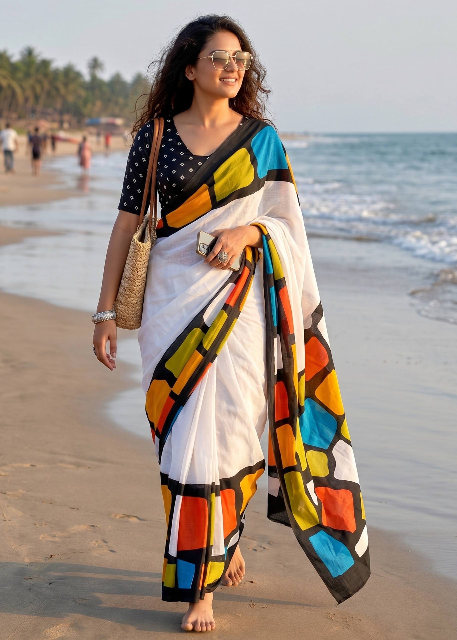 PURE SOFT MULMUL COTTON HAND BLOCK IKKAT PRINT WHITE AND BLACK SAREE WITH BLOUSE