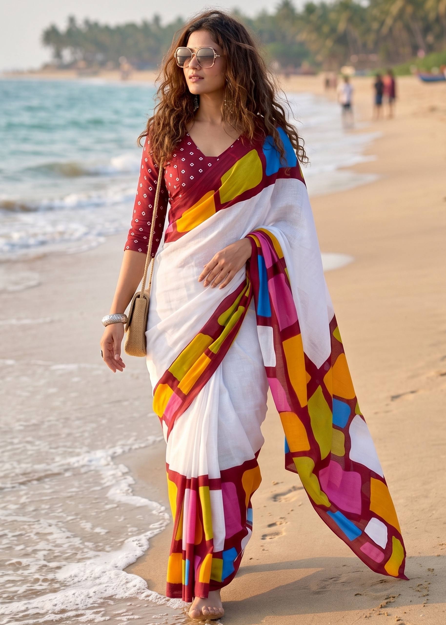 PURE SOFT MULMUL COTTON HAND BLOCK IKKAT PRINT WHITE AND RED SAREE WITH BLOUSE