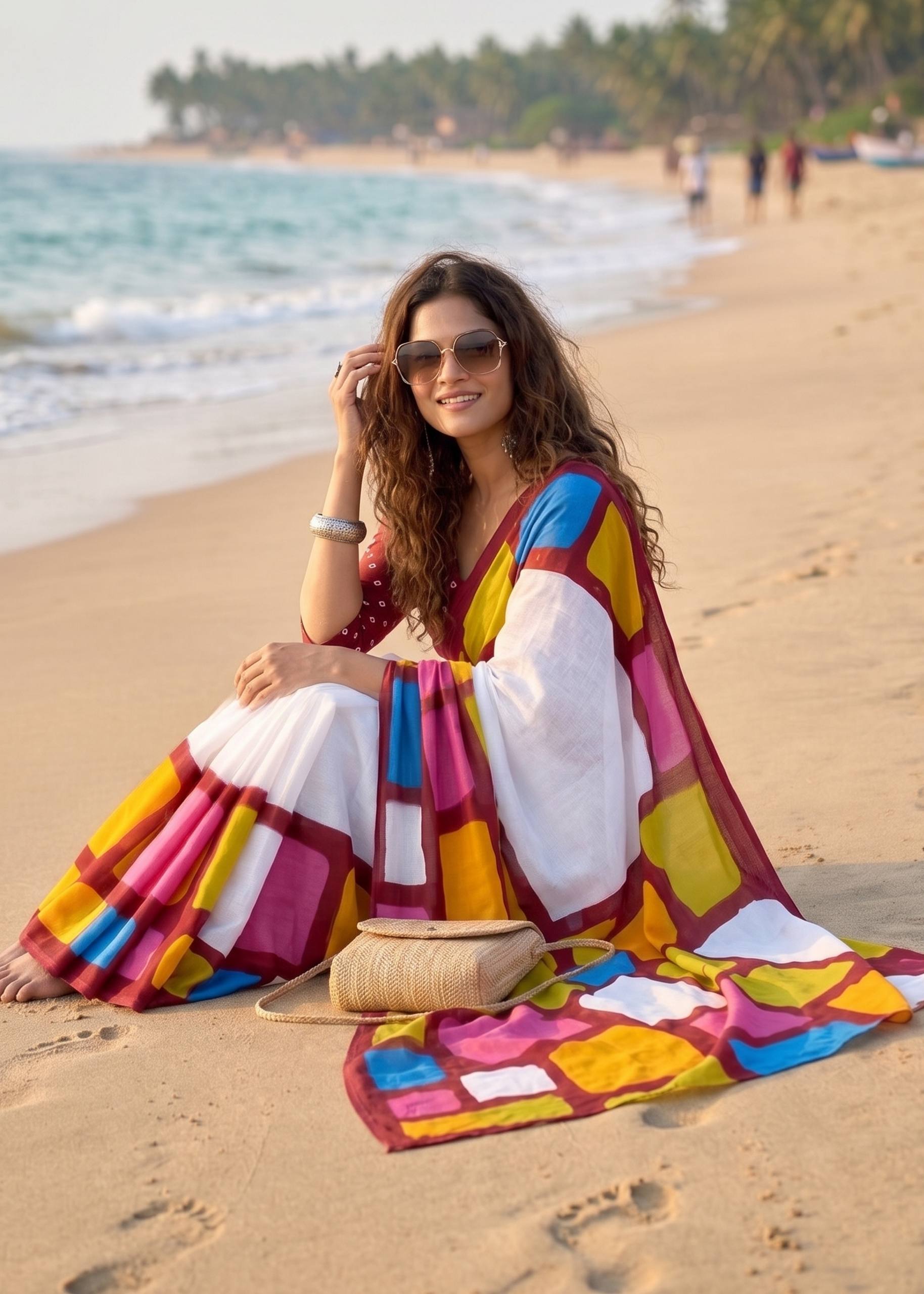 PURE SOFT MULMUL COTTON HAND BLOCK IKKAT PRINT WHITE AND RED SAREE WITH BLOUSE