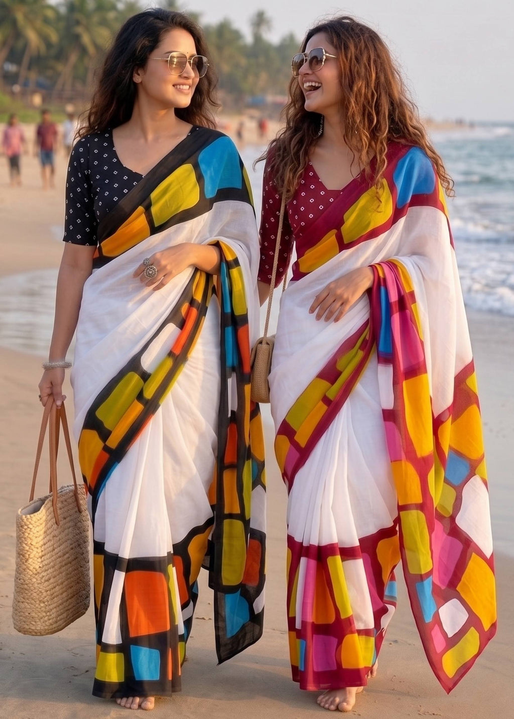 PURE SOFT MULMUL COTTON HAND BLOCK IKKAT PRINT WHITE AND BLACK SAREE WITH BLOUSE