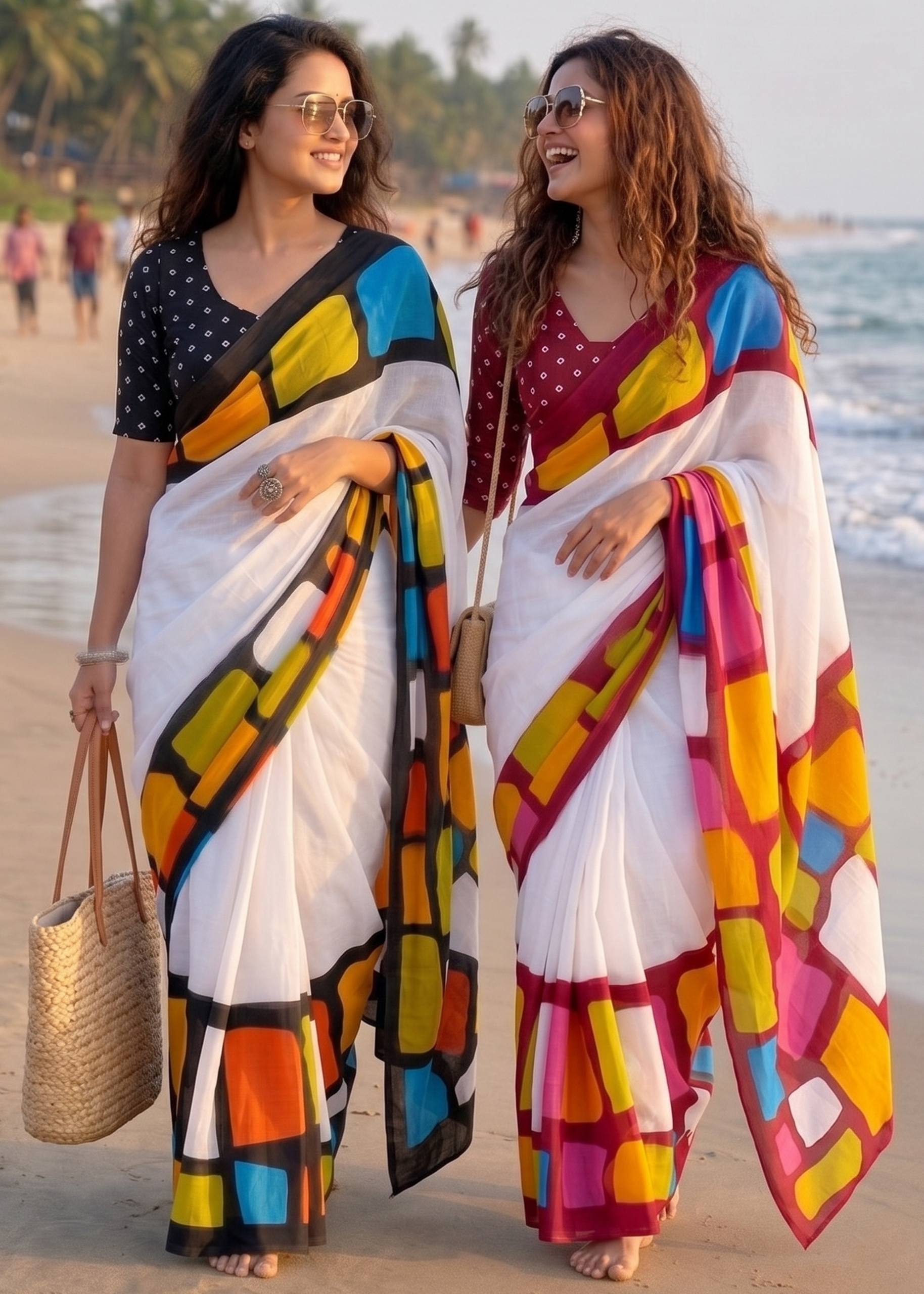 PURE SOFT MULMUL COTTON HAND BLOCK IKKAT PRINT WHITE AND RED SAREE WITH BLOUSE