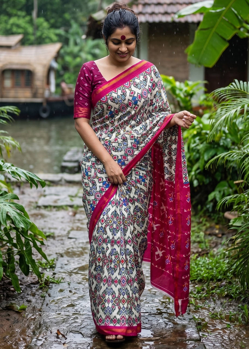 SOFT MASLIN COTTON BAGRU BLOCK PRINT ZARI BORDER RUBY RED SAREE WITH BLOUSE