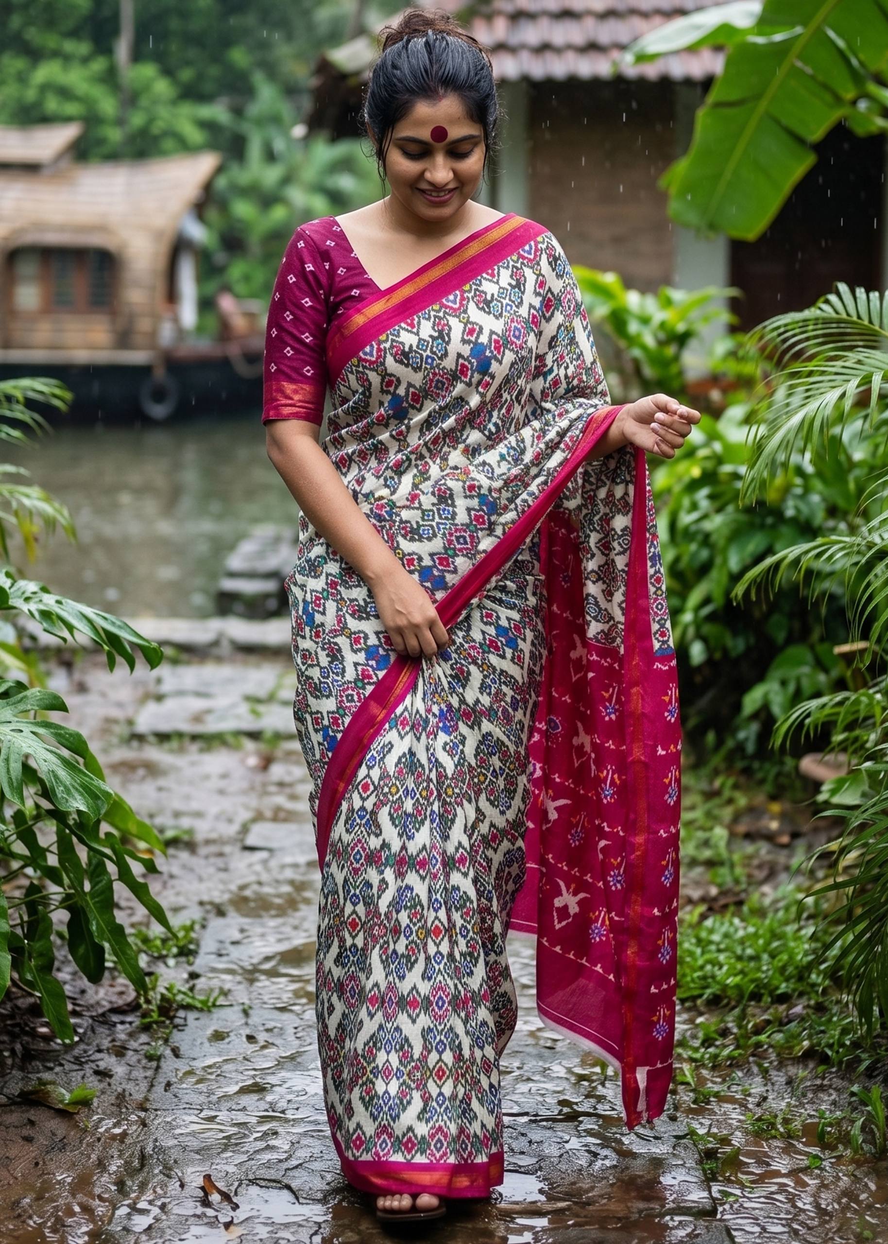 SOFT MASLIN COTTON BAGRU BLOCK PRINT ZARI BORDER RUBY RED SAREE WITH BLOUSE