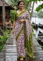 SOFT MASLIN COTTON BAGRU BLOCK PRINT ZARI BORDER OLIVE GREEN SAREE WITH BLOUSE