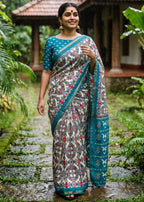 SOFT MASLIN COTTON BAGRU BLOCK PRINT ZARI BORDER BLUE SAREE WITH BLOUSE