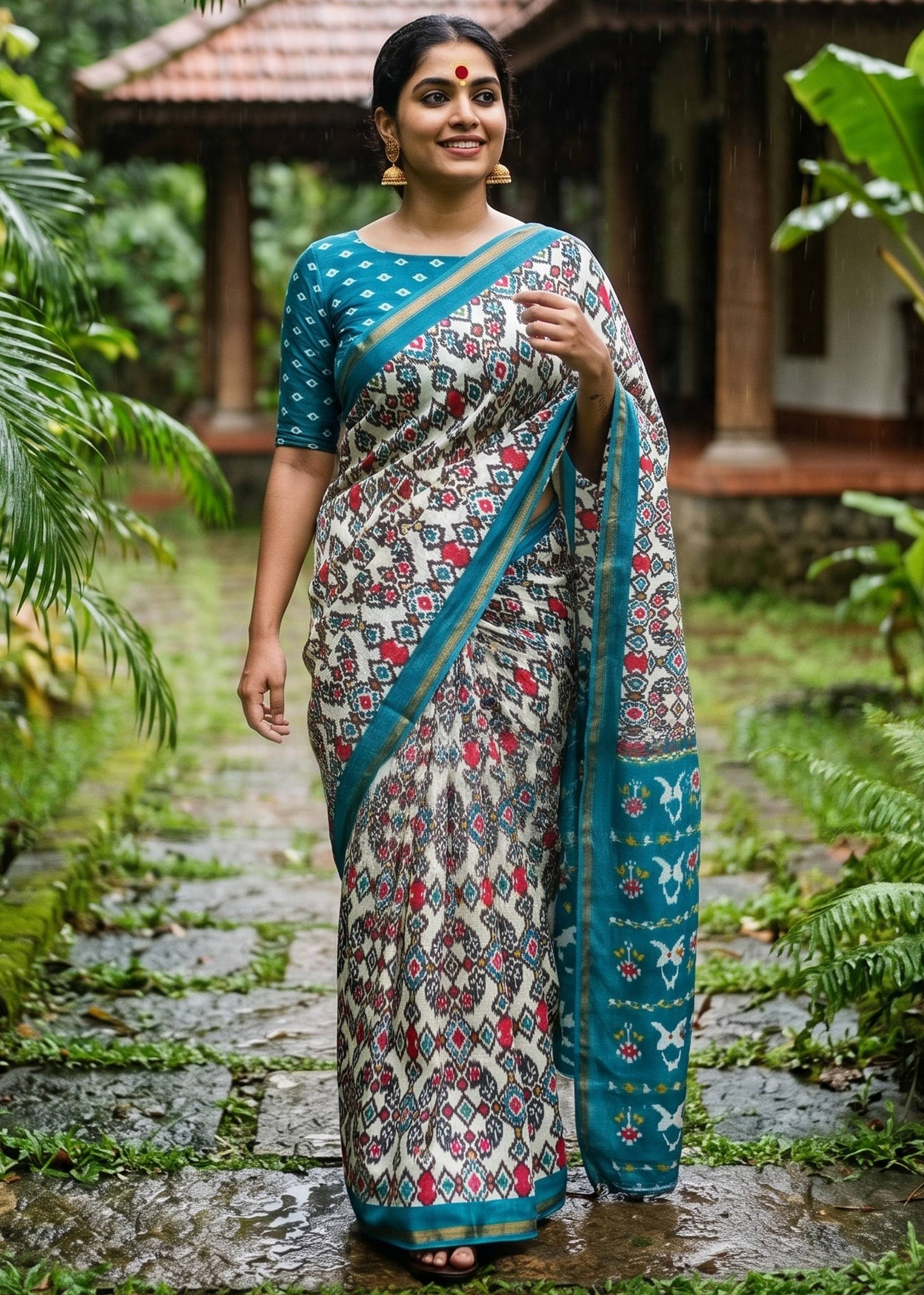 SOFT MASLIN COTTON BAGRU BLOCK PRINT ZARI BORDER BLUE SAREE WITH BLOUSE