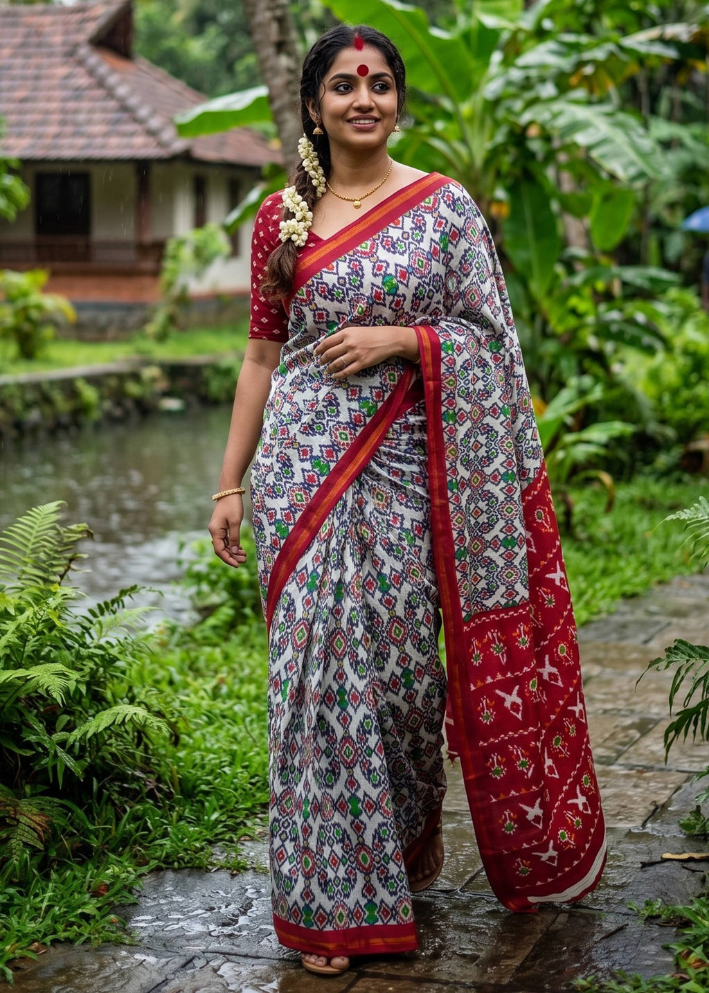 SOFT MASLIN COTTON BAGRU BLOCK PRINT ZARI BORDER RED SAREE WITH BLOUSE