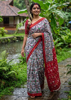 SOFT MASLIN COTTON BAGRU BLOCK PRINT ZARI BORDER RED SAREE WITH BLOUSE