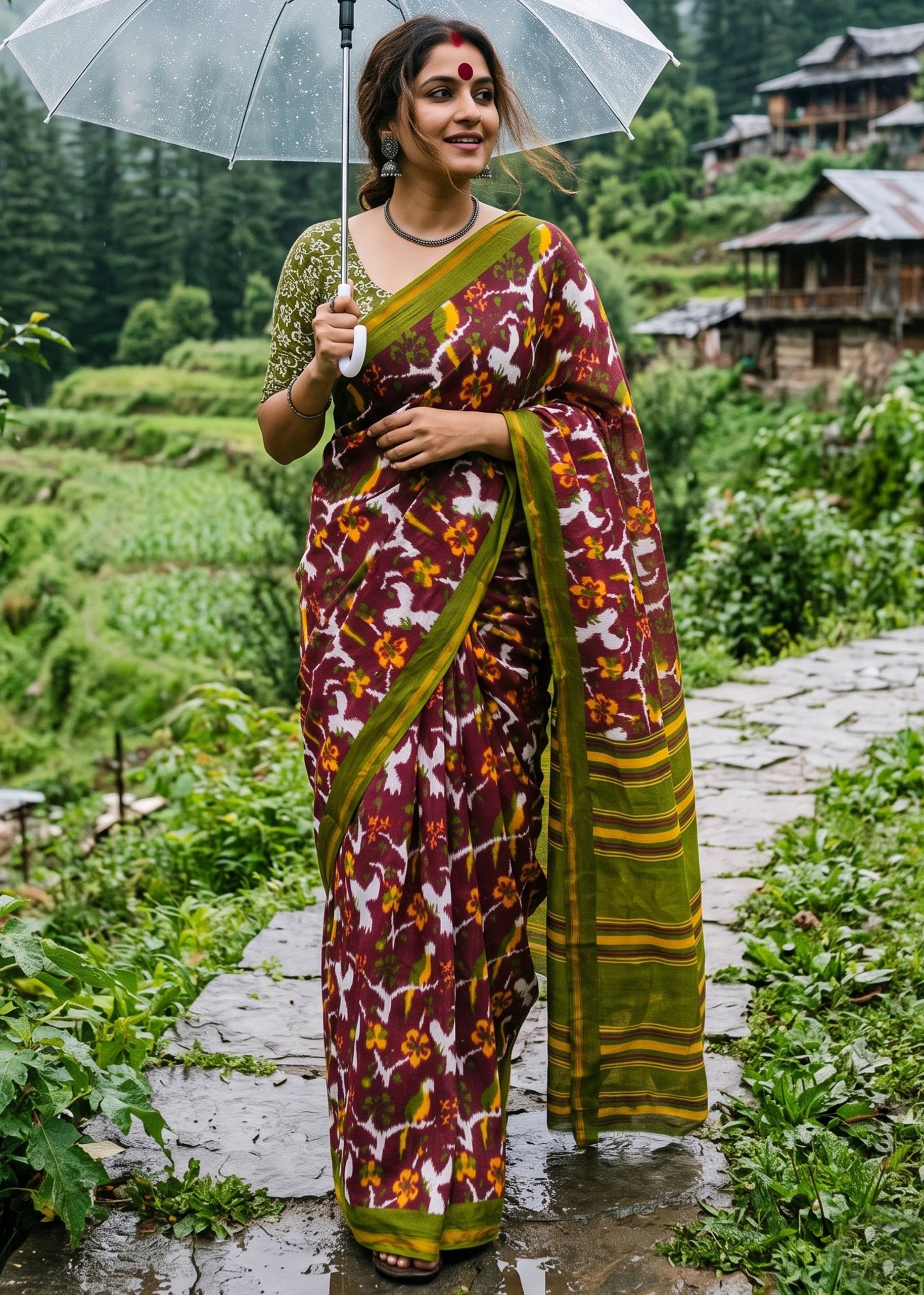 SOFT MASLIN COTTON BAGRU BLOCK PRINT MAROON AND GREEN SAREE WITH BLOUSE