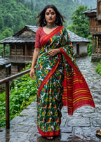 SOFT MASLIN COTTON BAGRU BLOCK PRINT GREEN AND RED SAREE WITH BLOUSE