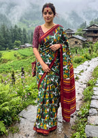 SOFT MASLIN COTTON BAGRU BLOCK PRINT GREEN AND MAROON SAREE WITH BLOUSE
