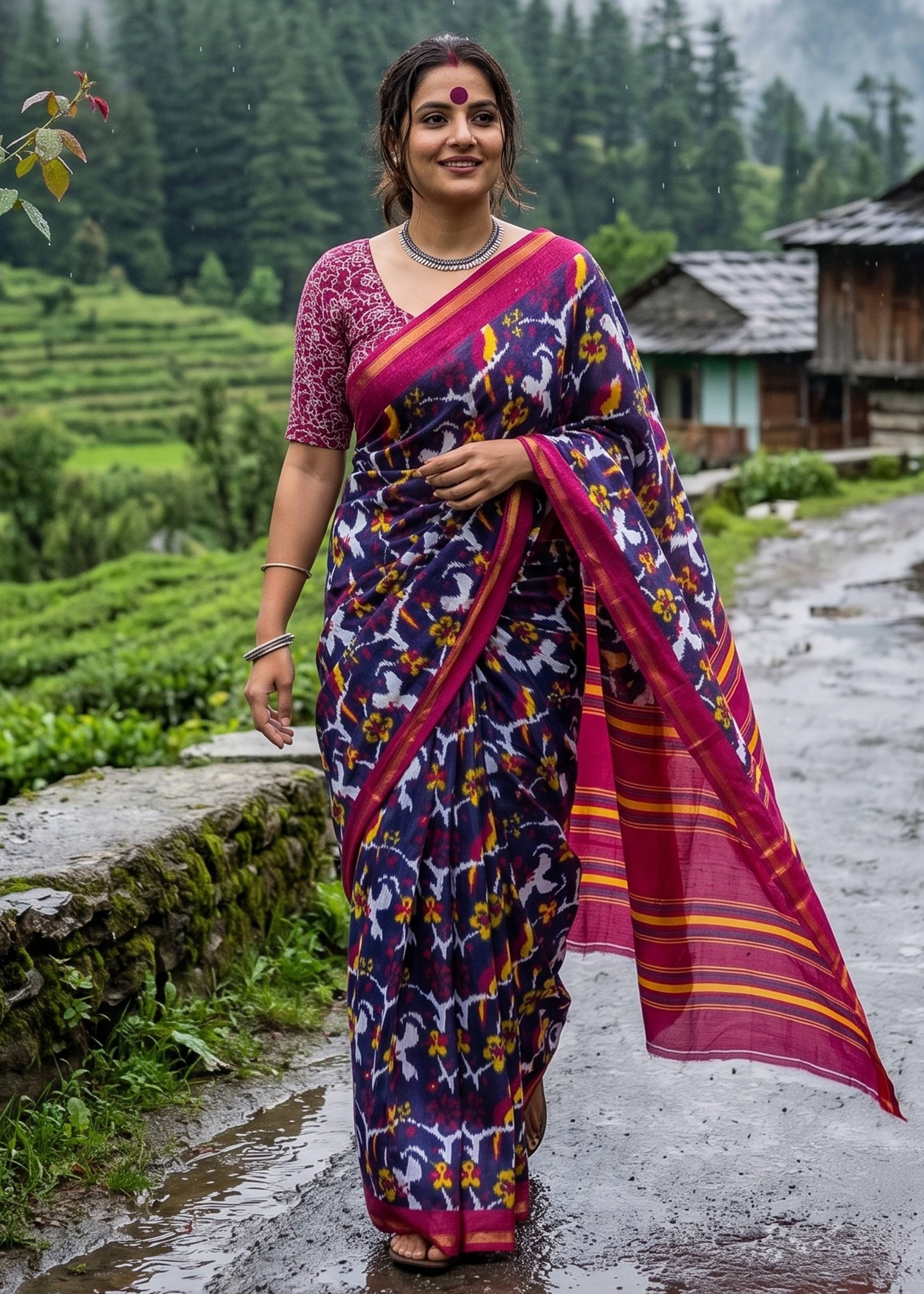 SOFT MASLIN COTTON BAGRU BLOCK PRINT PURPLE SAREE WITH BLOUSE