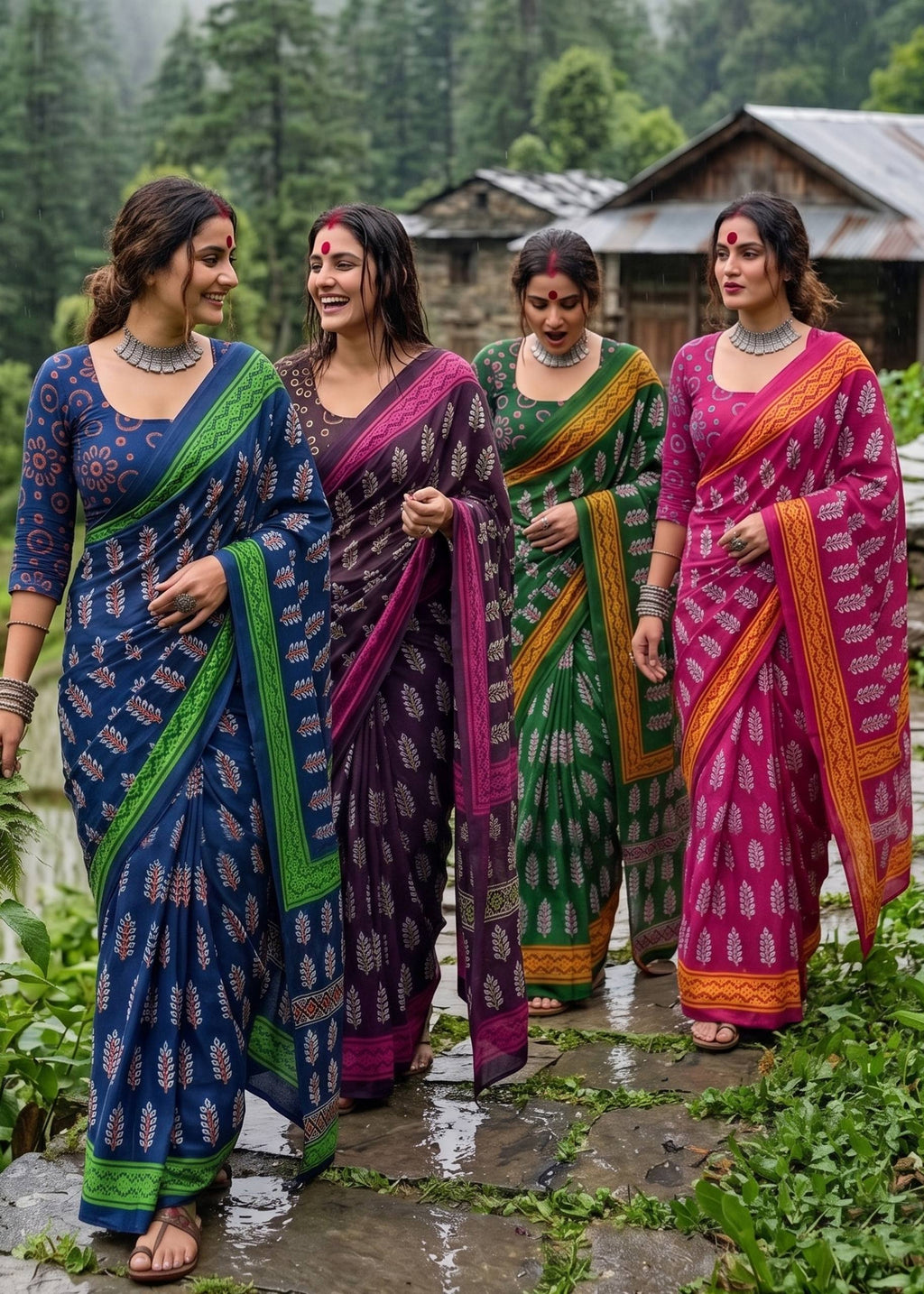 PURE MULMUL COTTON HAND BLOCK PRINT BLUE SAREE WITH BLOUSE