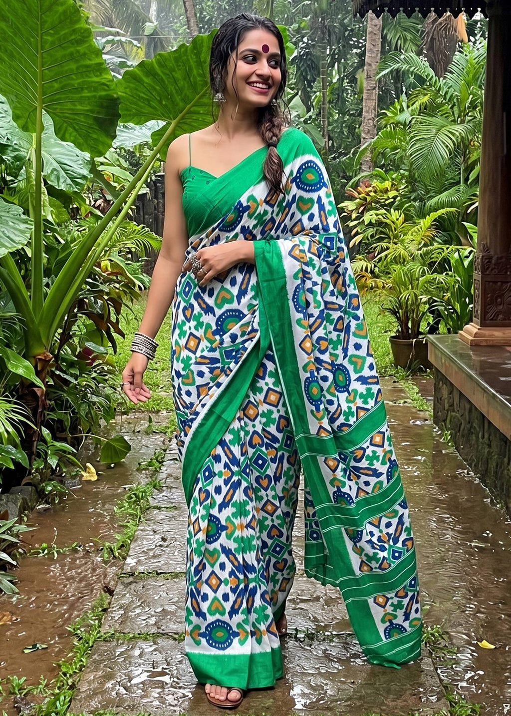 MULMUL COTTON IKKAT PRINT GREEN SAREE WITH BLOUSE