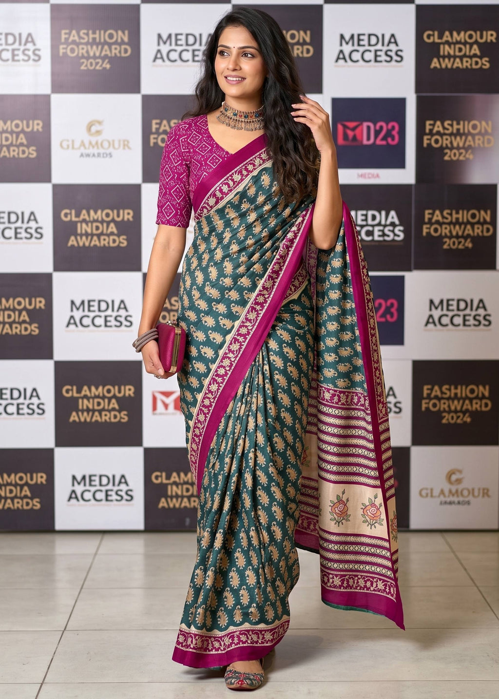 MULMUL COTTON JAIPURI PRINT COTTON MAGENTA SAREE WITH BLOUSE