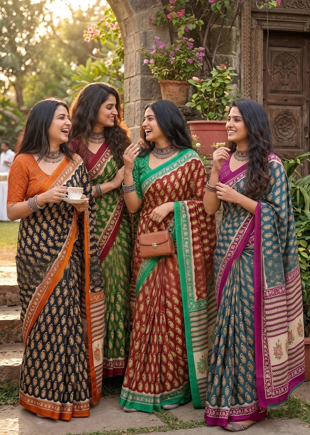 MULMUL COTTON JAIPURI PRINT COTTON GREEN SAREE WITH BLOUSE