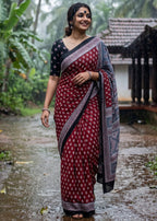 MULMUL COTTON  BAGRU PRINT COTTON MAROON SAREE WITH BLOUSE