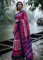 PURE SOFT MULMUL COTTON HAND BLOCK IKKAT PRINT PINK SAREE WITH BLOUSE