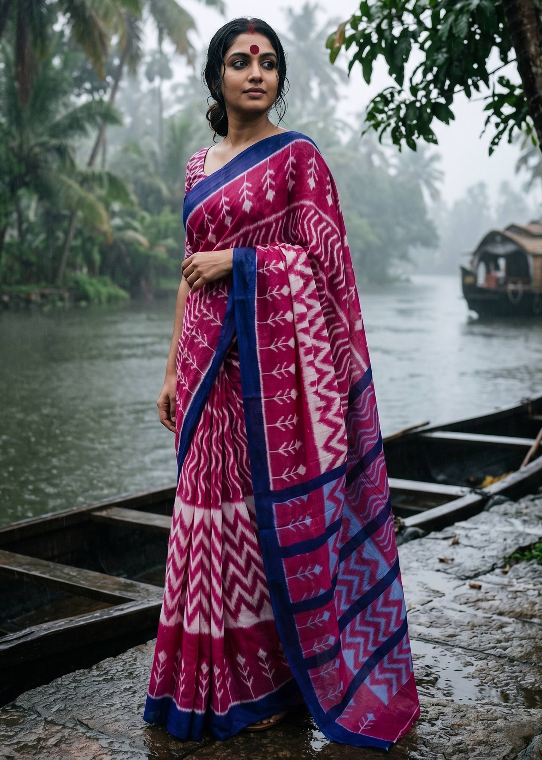 PURE SOFT MULMUL COTTON HAND BLOCK IKKAT PRINT PINK SAREE WITH BLOUSE
